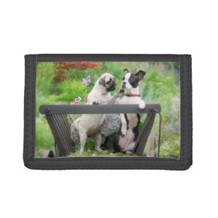 Two dogs a pug puppy and Boston Terrier in a cart Trifold Wallet