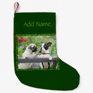 Two dogs a pug puppy and Boston Terrier together - Small Christmas Stocking