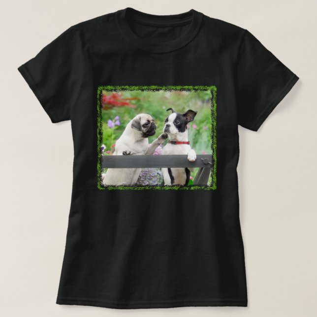 Two dogs a pug puppy and Boston Terrier together - T-Shirt (Design Front)