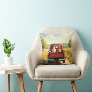 Two Dogs In a Red Retro Pickup Truck Throw Pillow