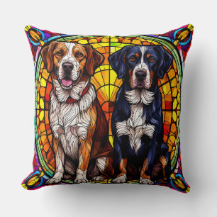 Two Dogs in a Stained-Glass Design Throw Pillow