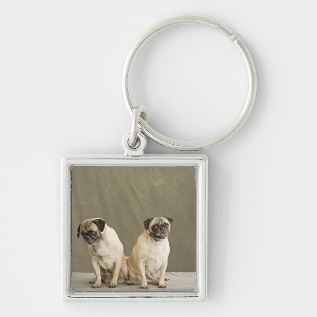 Two dogs posing on a table keychain (Front)
