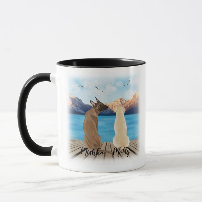 Two dogs sitting on a dock customize mug (Left)