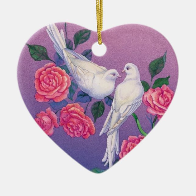 Two doves and flowers on a heart ceramic ornament (Front)