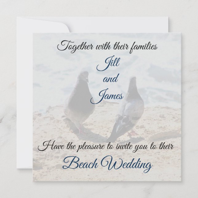 Two Doves by the Ocean Photo Print Beach Wedding Invitation (Front)