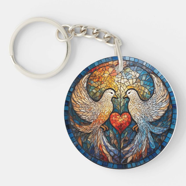 Two Doves Elegant Stained Glass Artwork Keychain (Front)