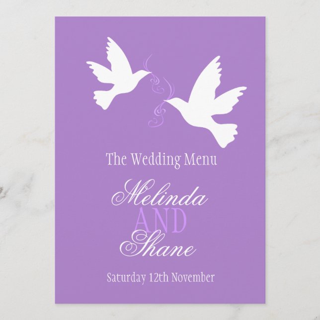 Two doves purple & white wedding dinner menu (Front)