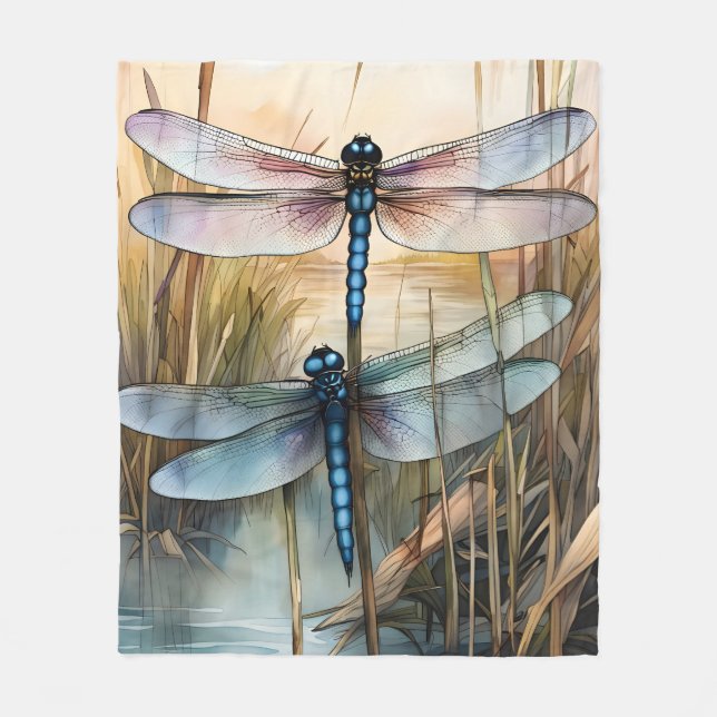 Two Dragonflies in the Reeds Fleece Blanket (Front)