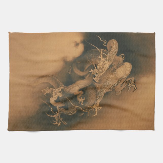 Two Dragons in Clouds Vintage Kitchen Towel (Horizontal)