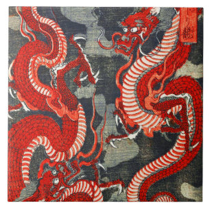 TWO DRAGONS JAPANESE WOODCUT IN RED BLACK WHITE  TILE