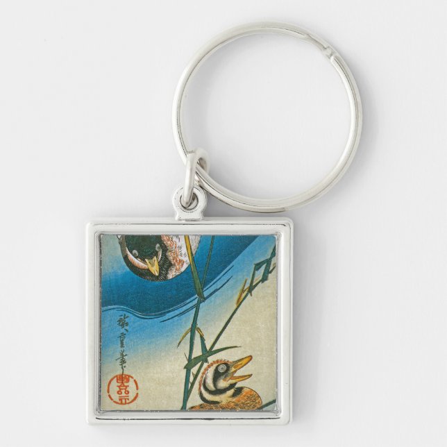 Two Ducks Swimming Among Reeds Keychain (Front)