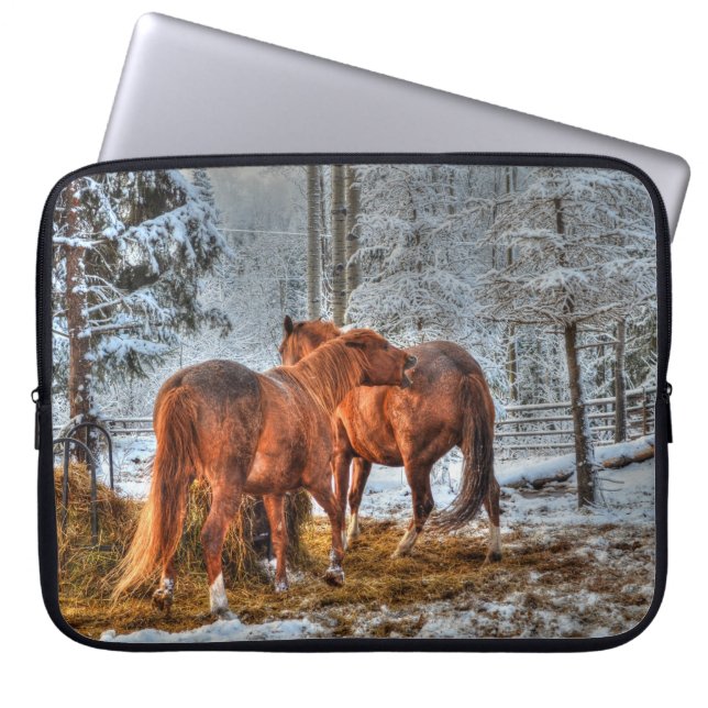 Two Dun Chestnut Horses Biting Fun Equine Photo Laptop Sleeve (Front)