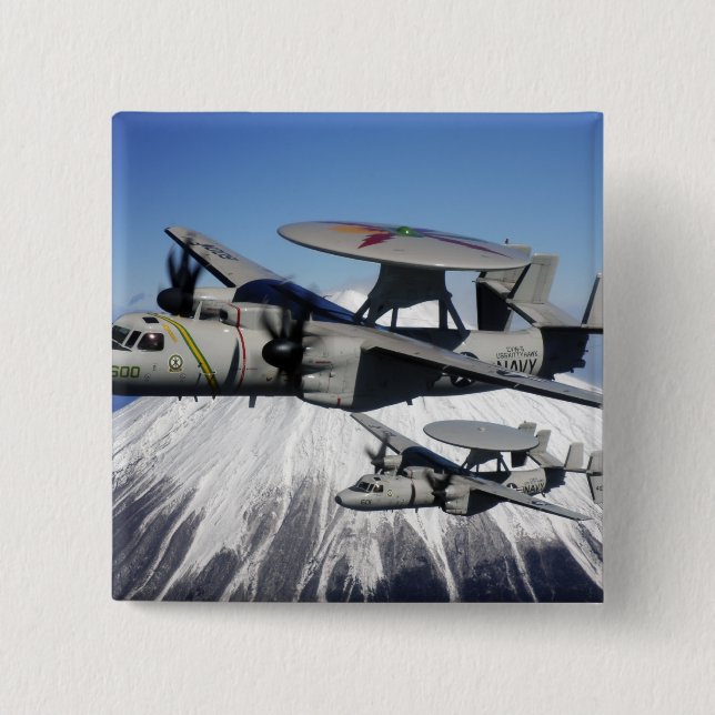 Two E-2C Hawkeyes conduct a flyby 2 Inch Square Button (Front)