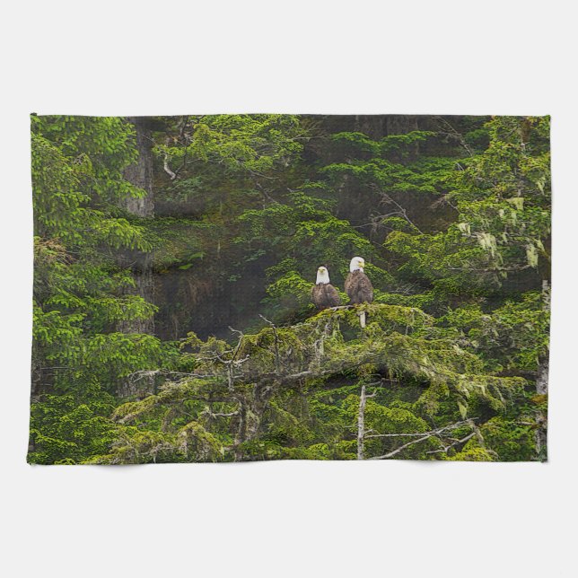 Two Eagles Perched Painterly Kitchen Towel (Horizontal)