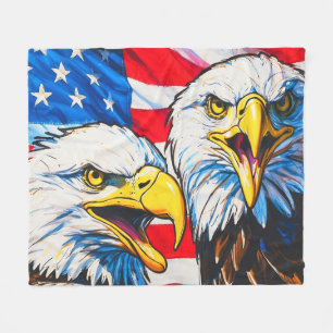 Two Eagles Talking - US Flag and Bald Eagles Fleece Blanket