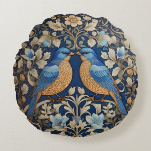Two Elegant Blue Birds William Morris Inspired Round Pillow