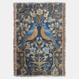 Two Elegant Blue Birds William Morris Inspired  Throw Blanket