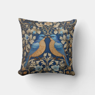 Two Elegant Blue Birds William Morris Inspired Throw Pillow