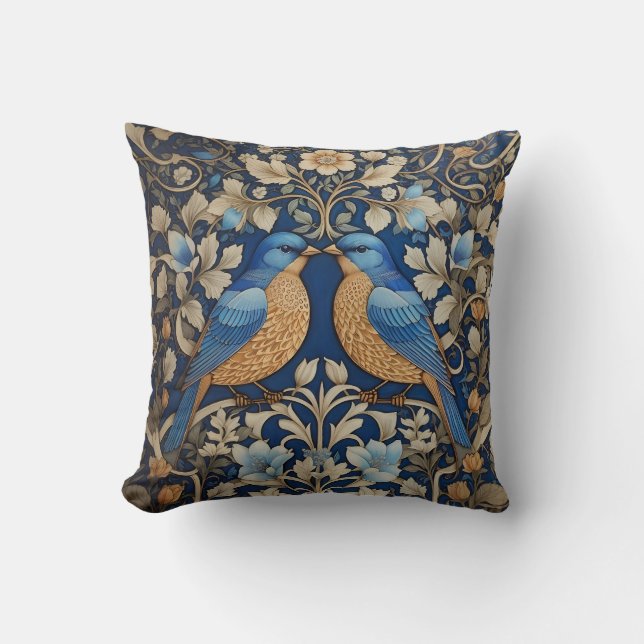 Two Elegant Blue Birds William Morris Inspired  Throw Pillow (Front)