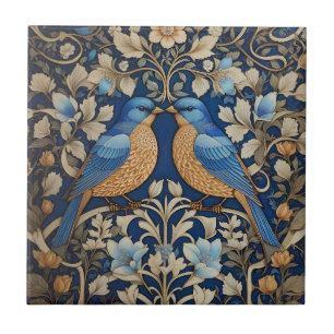 Two Elegant Blue Birds William Morris Inspired  Tile