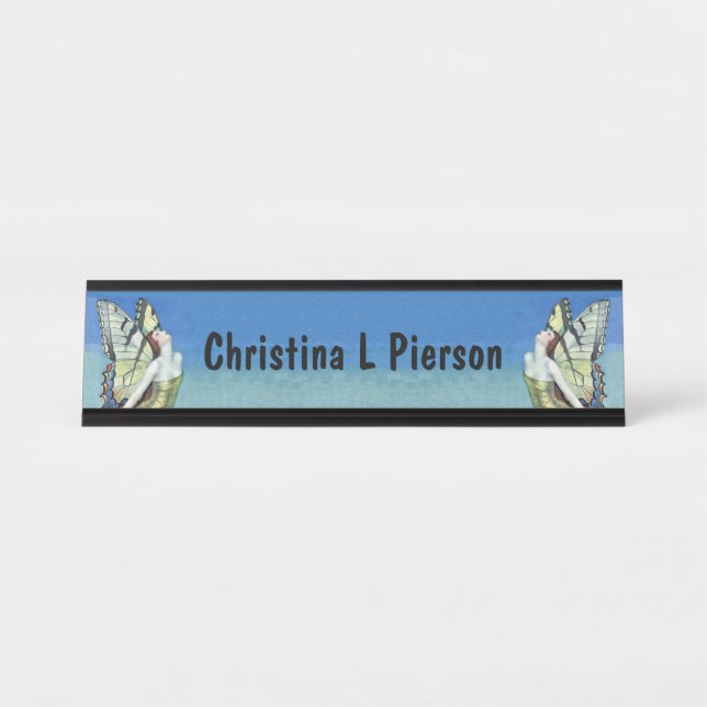 Two elegant Fairies Gold Dresses Butterfly Wings Desk Name Plate (Front)