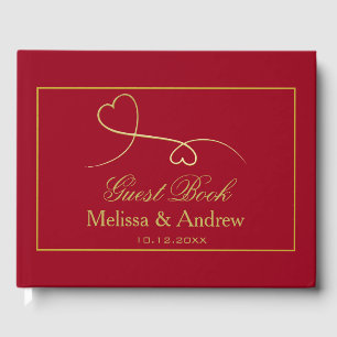 Two Elegant Gold Hearts Carmine Red Wedding Guest Book