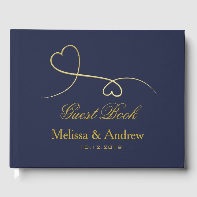Two Elegant Gold Hearts | Navy Blue Wedding Guest Book (Front)