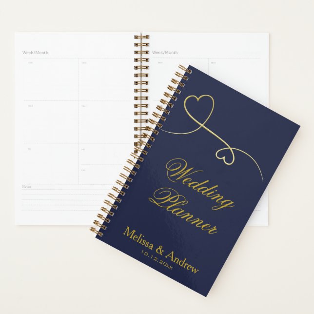 Two Elegant Gold Hearts | Navy Blue Wedding Planner (Display)