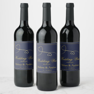 Two Elegant Gold Hearts   Navy Blue Wedding Wine - Label