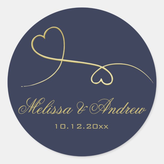 Two Elegant Gold Hearts  Personalized Blue Wedding Classic Round Sticker (Front)