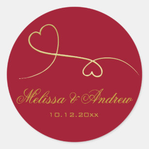 Two Elegant Gold Hearts   Personalized Red Wedding Classic Round Sticker