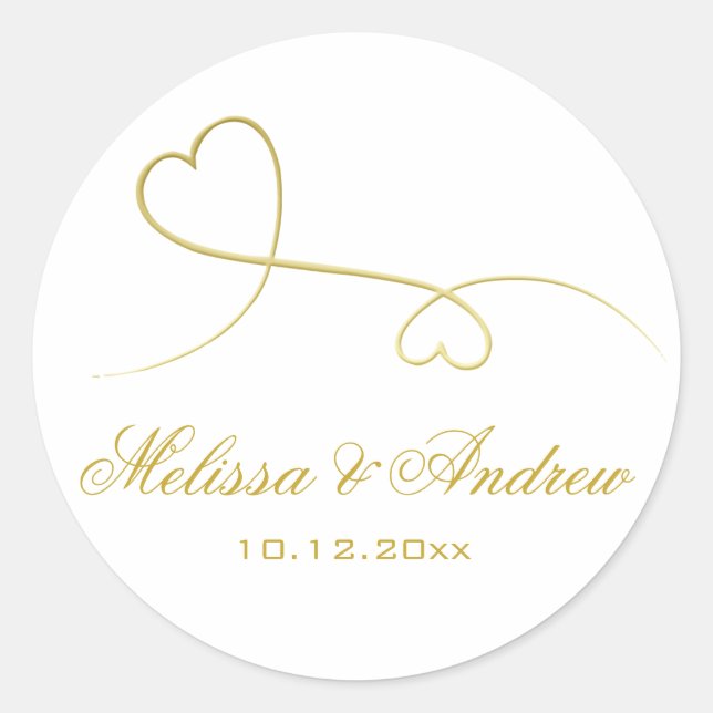 Two Elegant Gold Hearts | Personalized Wedding Classic Round Sticker (Front)