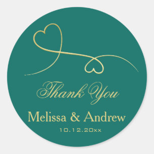 Two Elegant Gold Hearts   Teal Wedding 'Thank You' Classic Round Sticker