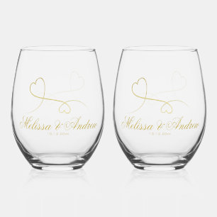 Two Elegant Gold Hearts   Wedding Stemless Wine Glass