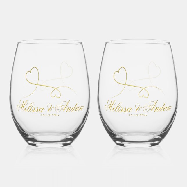 Two Elegant Gold Hearts | Wedding Stemless Wine Glass (Front)