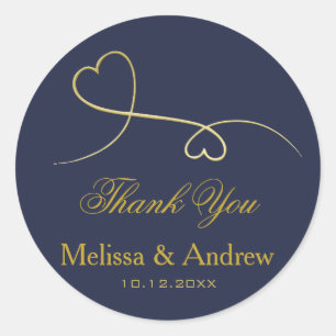 Two Elegant Gold Hearts   Wedding 'Thank You' Classic Round Sticker
