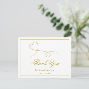 Two Elegant Gold Hearts Wedding Thank You Postcard