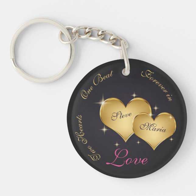 Two Elegant Golden Hearts Name Keychain (Front)