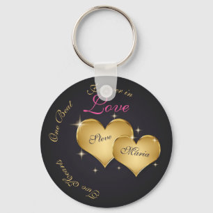 Two Elegant Golden Hearts Name Keychain