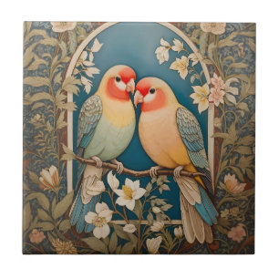 Two Elegant Lovebirds Vintage Floral Tile