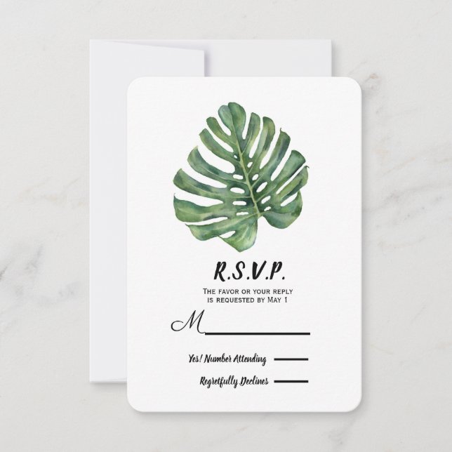 Two Elegant Palm Leaves Tropical Wedding RSVP (Front)