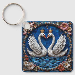 Two Elegant Swans With Crowns Keychain