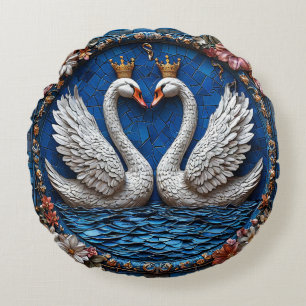 Two Elegant Swans With Crowns Round Pillow