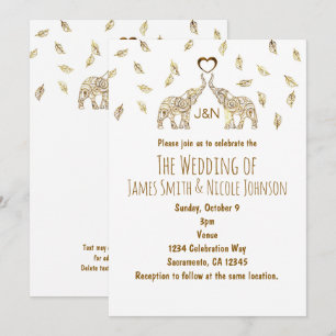 Two Elephants & Heart Gold Fall Wedding Invitation