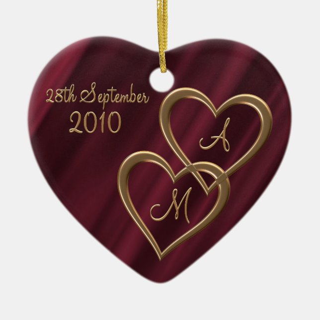 Two entwined gold hearts ceramic ornament (Front)