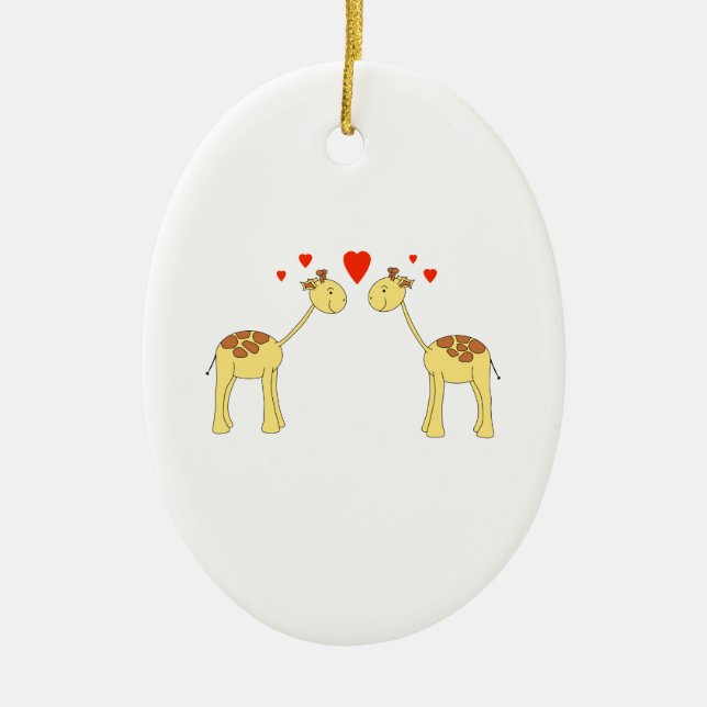 Two Facing Giraffes with Hearts. Cartoon. Ceramic Ornament (Front)