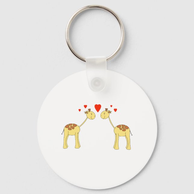 Two Facing Giraffes with Hearts. Cartoon. Keychain (Front)