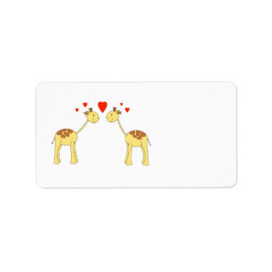 Two Facing Giraffes with Hearts. Cartoon. Label