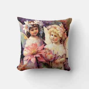 Two Fairy Children in a Flower Garden Throw Pillow