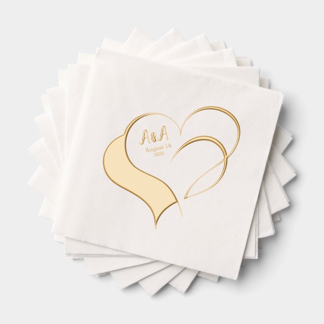 Two Fancy Gold Foil Hearts Wedding Monogramed Napkins (Insitu (Stacked))